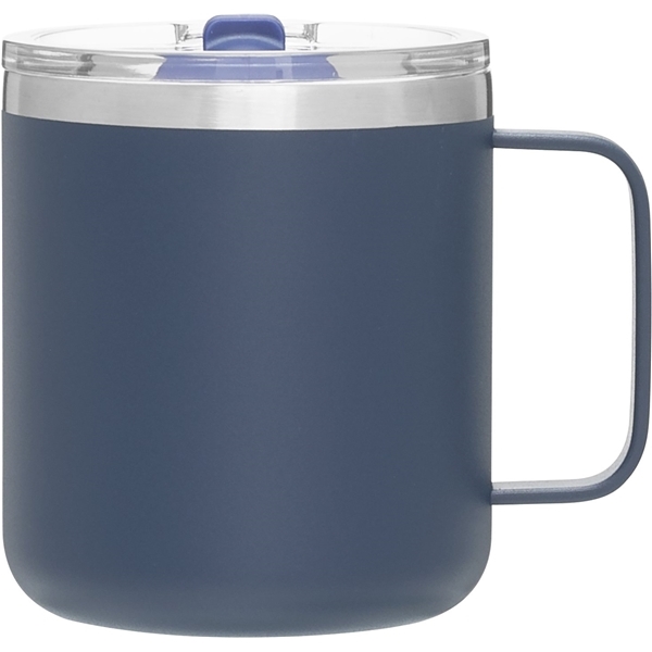 aerial view a matte navy camper 16.9 oz copper vacuum insulated stainless steel travel mug, image 2 of 8