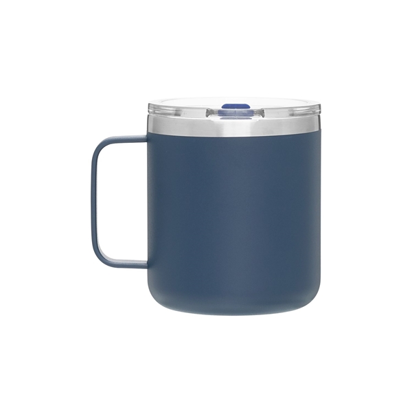 aerial view a matte navy camper 16.9 oz copper vacuum insulated stainless steel travel mug, image 3 of 8