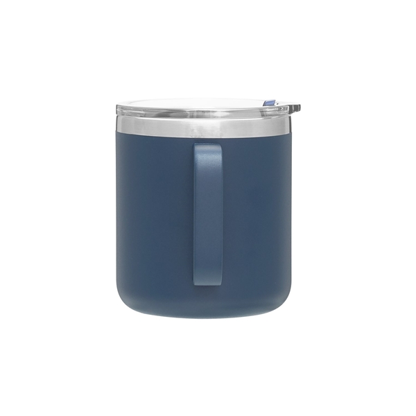 aerial view a matte navy camper 16.9 oz copper vacuum insulated stainless steel travel mug, image 5 of 8