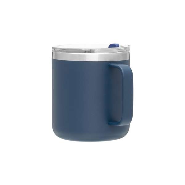 aerial view a matte navy camper 16.9 oz copper vacuum insulated stainless steel travel mug, image 6 of 8
