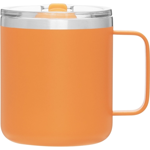 aerial view a matte orange camper 16.9 oz copper vacuum insulated stainless steel travel mug, image 2 of 8