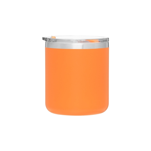aerial view a matte orange camper 16.9 oz copper vacuum insulated stainless steel travel mug, image 3 of 8
