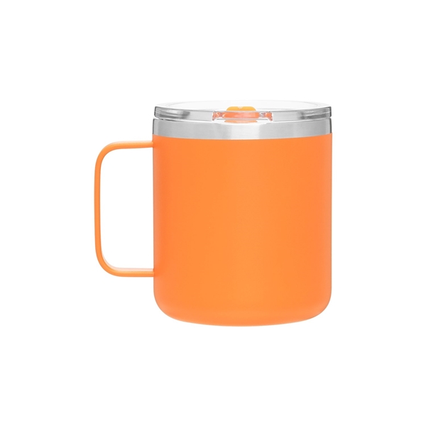 aerial view a matte orange camper 16.9 oz copper vacuum insulated stainless steel travel mug, image 4 of 8