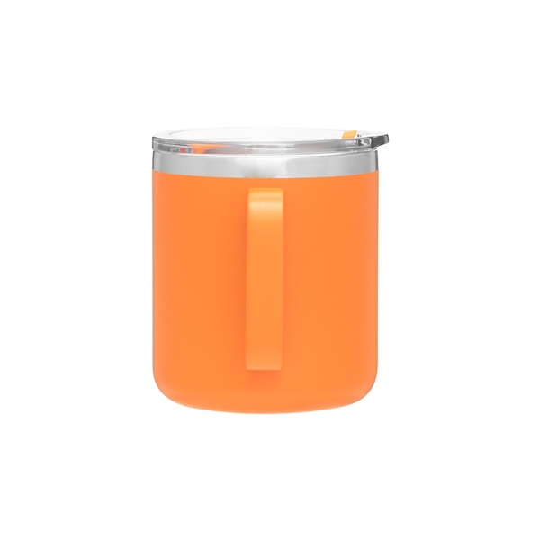 aerial view a matte orange camper 16.9 oz copper vacuum insulated stainless steel travel mug, image 5 of 8