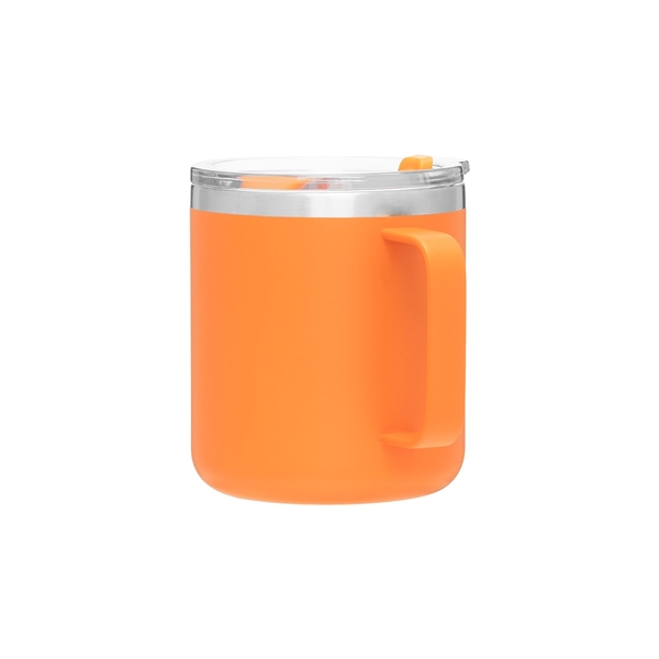 aerial view a matte orange camper 16.9 oz copper vacuum insulated stainless steel travel mug, image 6 of 8