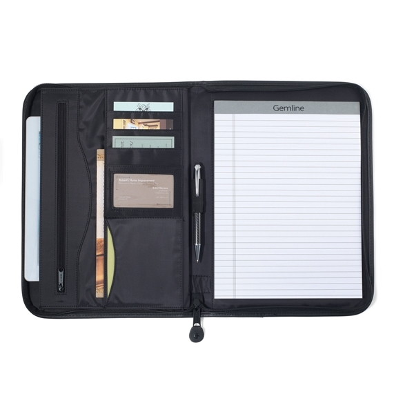 aerial view a black deluxe zipper closure executive leather padfolio, image 3 of 3