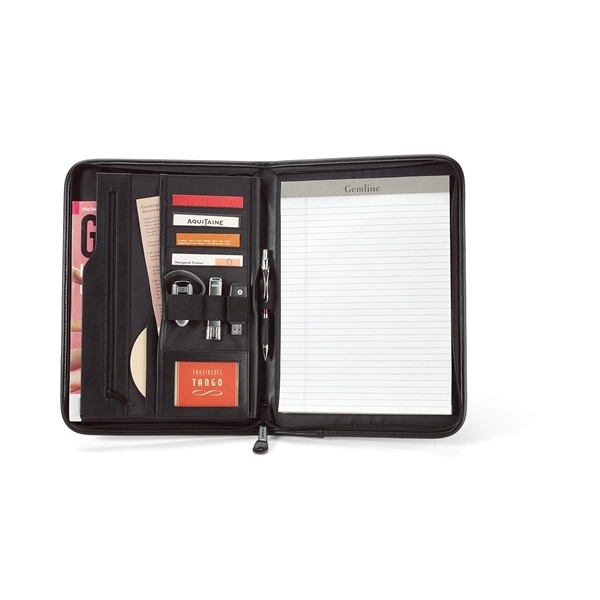 aerial view a black black global leather zipper closure padfolio, image 3 of 3