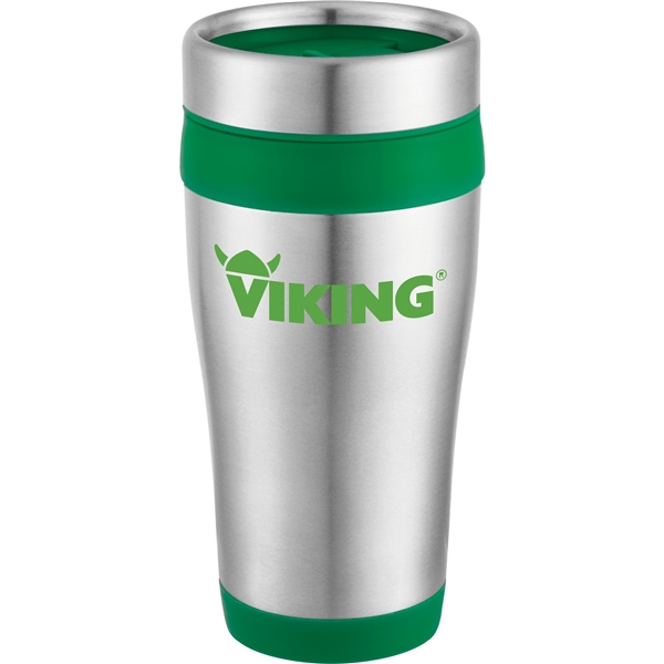 aerial view a stainless steel with green liner 16 oz carmel stainless steel double wall tumbler, image 2 of 2