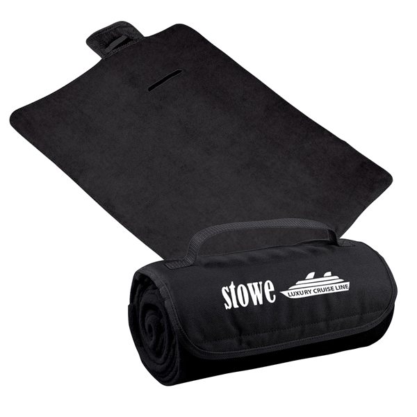aerial view a black large roll - up hook and loop closure blanket, image 3 of 4