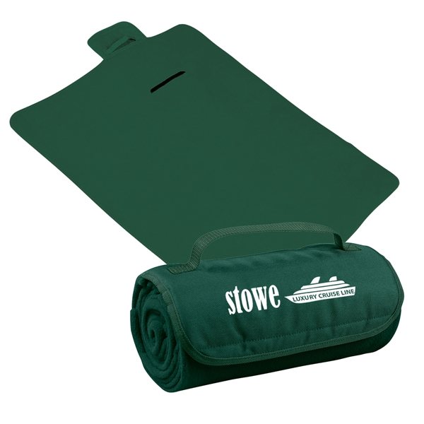 aerial view a hunter green large roll - up hook and loop closure blanket, image 3 of 4