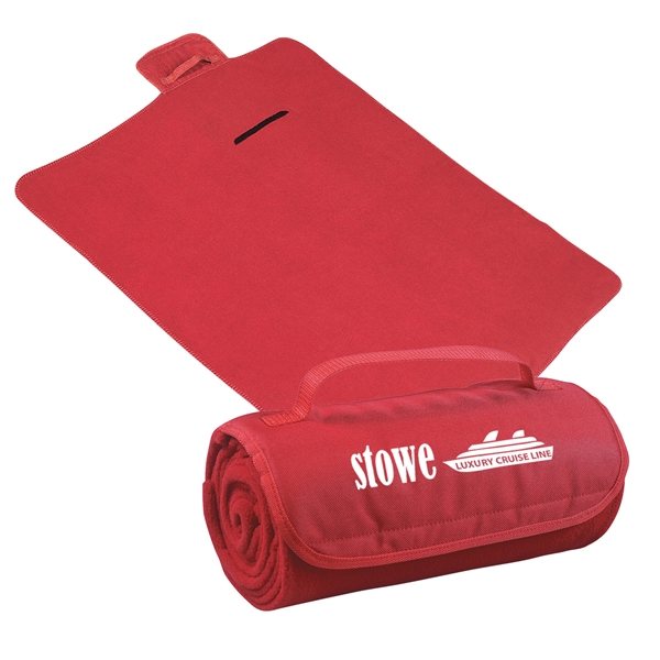 aerial view a red large roll - up hook and loop closure blanket, image 3 of 4