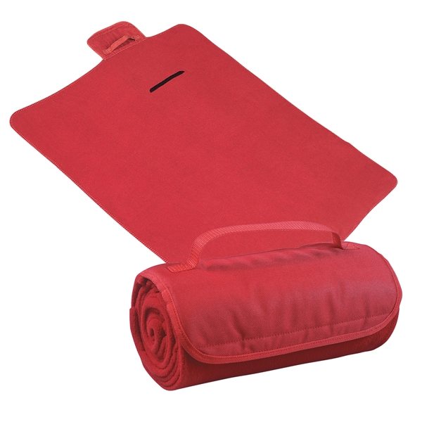 aerial view a red large roll - up hook and loop closure blanket, image 4 of 4