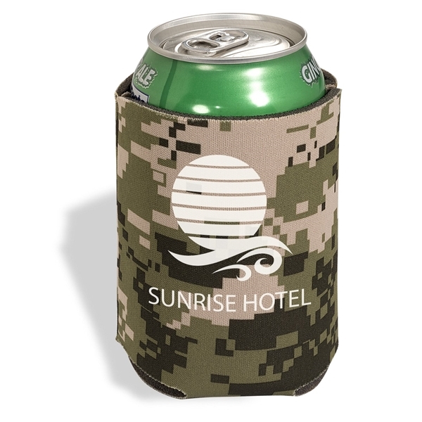 aerial view a digital camouflage folding foam can cooler sleeve, image 2 of 4