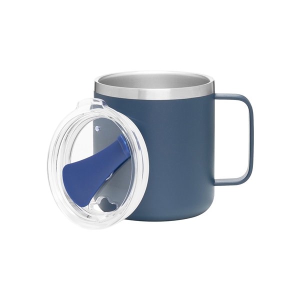 aerial view a matte navy camper 16.9 oz copper vacuum insulated stainless steel travel mug, image 7 of 8