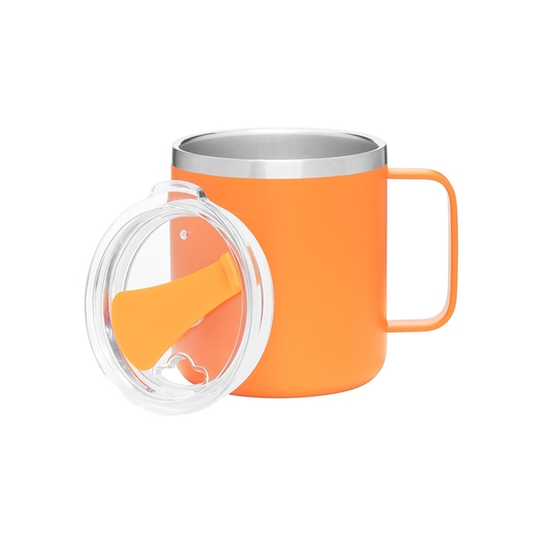 aerial view a matte orange camper 16.9 oz copper vacuum insulated stainless steel travel mug, image 7 of 8