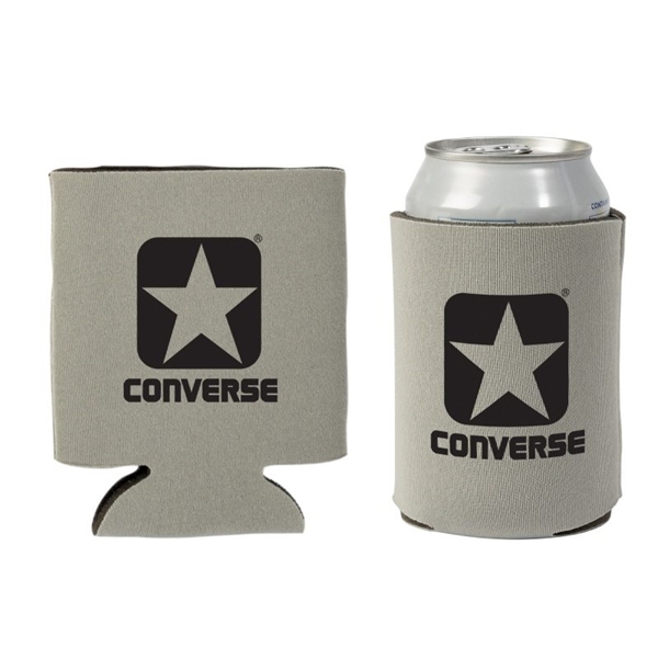 aerial view a grey promotional custom collapsible faux neoprene can cooler cup holder, image 2 of 2