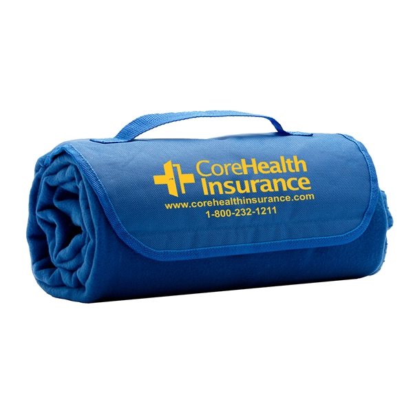 aerial view a blue ready to roll roll up fleece blanket, image 2 of 5