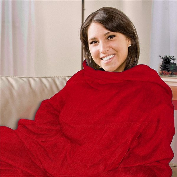 aerial view a red ready to roll roll up fleece blanket, image 3 of 4