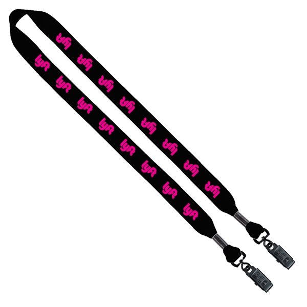 aerial view a black 3/4 cotton double bulldog clip lanyard, image 2 of 2