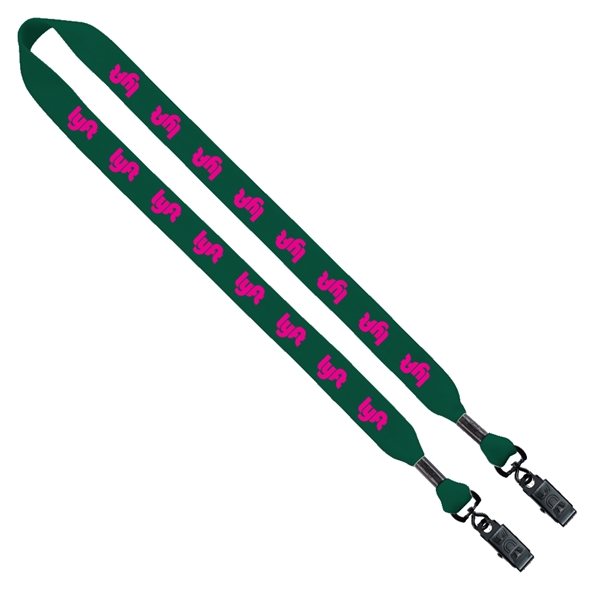 aerial view a forest green 3/4 cotton double bulldog clip lanyard, image 2 of 2
