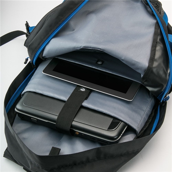 aerial view a blue basecamp globetrotter laptop backpack, image 7 of 7