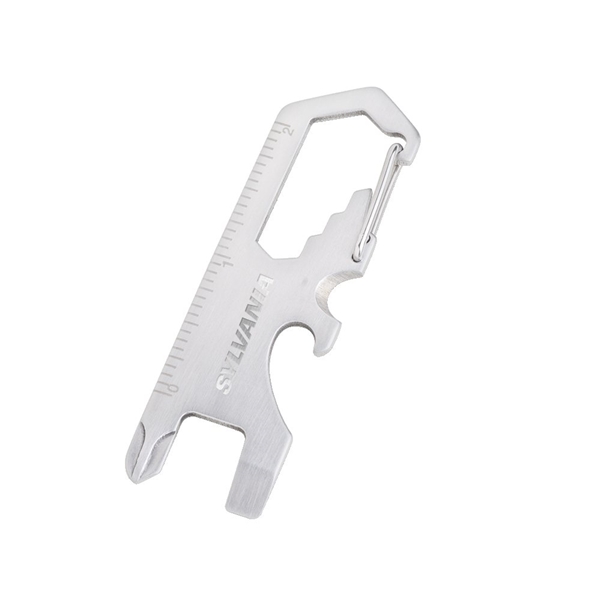 aerial view a silver 8- in -1 stainless steel carabiner tool, image 2 of 3