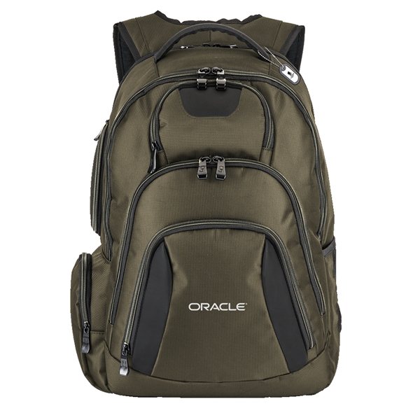 aerial view a olive green basecamp concourse laptop backpack, image 2 of 7