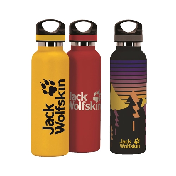 aerial view a group of 20 oz basecamp tundra bottle with screw top lid, image 2 of 14