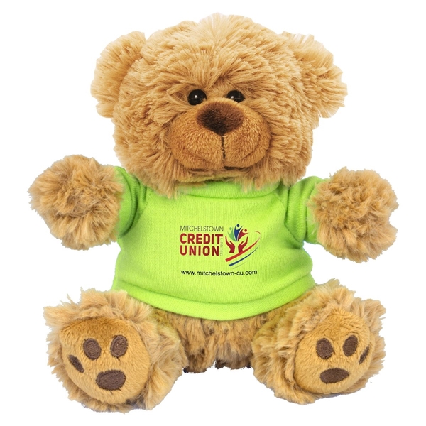 aerial view a lime green 6 plush teddy bear with t - shirt, image 3 of 4