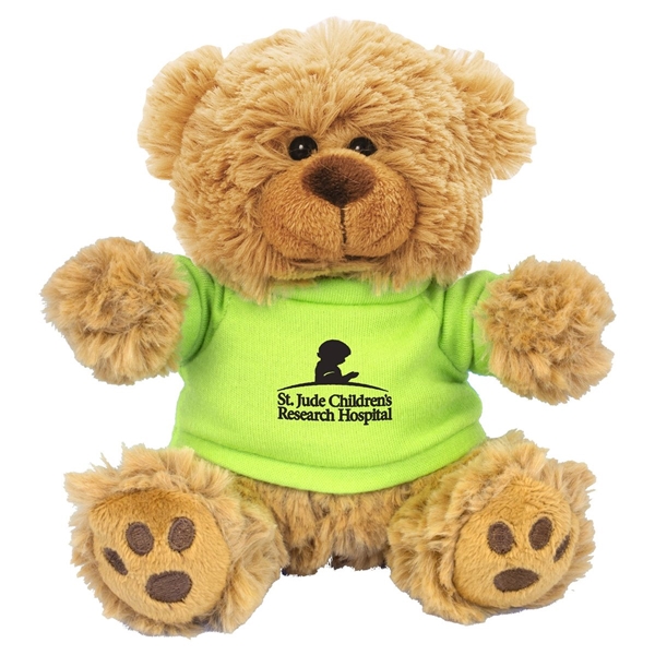 aerial view a lime green 6 plush teddy bear with t - shirt, image 4 of 4