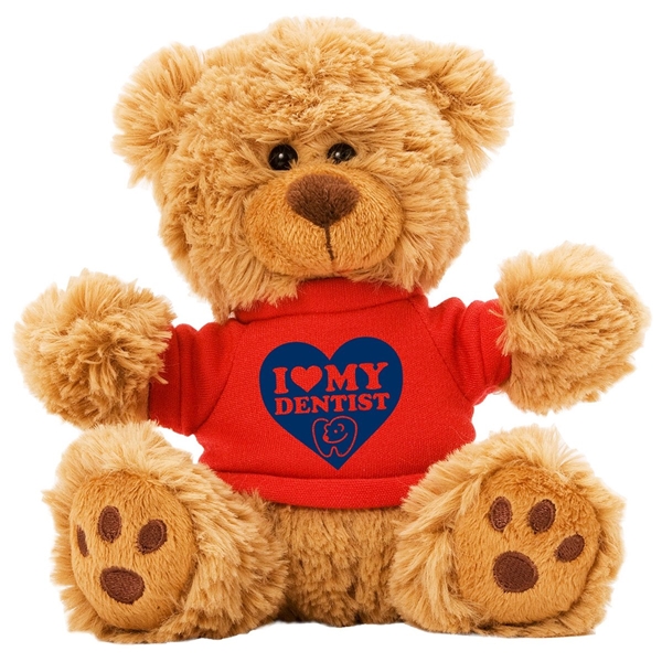 aerial view a red 6 plush teddy bear with t - shirt, image 4 of 5
