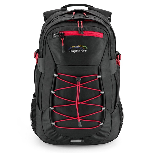 aerial view a red basecamp globetrotter laptop backpack, image 2 of 5