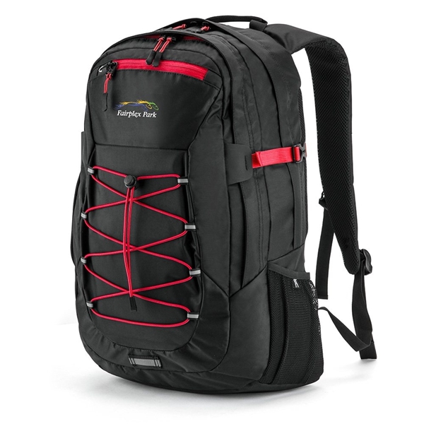 aerial view a red basecamp globetrotter laptop backpack, image 3 of 5