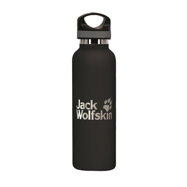 aerial view a black 20 oz basecamp tundra bottle with screw top lid, image 2 of 9