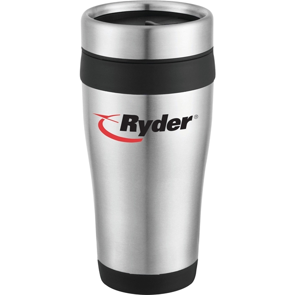 aerial view a stainless steel with black liner 16 oz carmel stainless steel double wall tumbler, image 2 of 2
