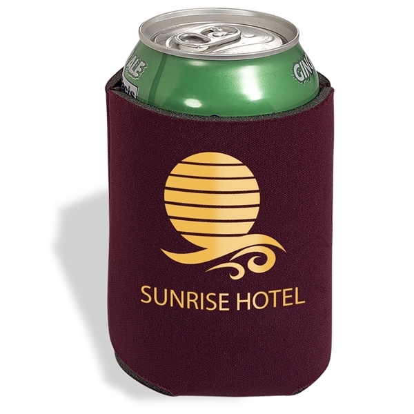 aerial view a burgundy folding foam can cooler sleeve, image 2 of 4