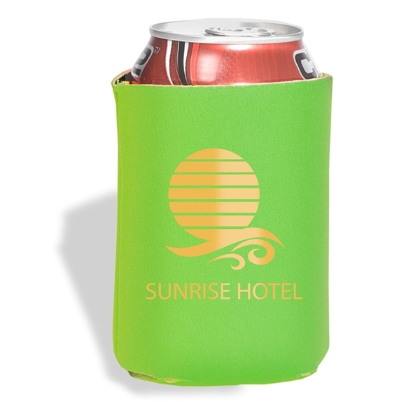 aerial view a lime green folding foam can cooler sleeve, image 2 of 4