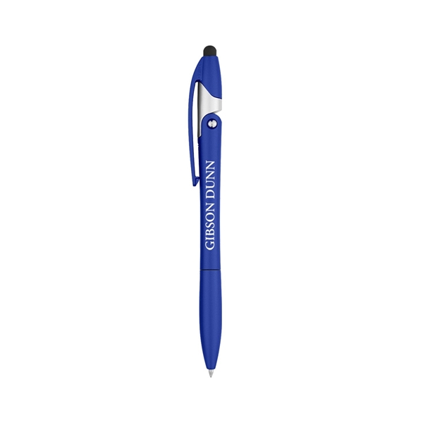 aerial view a metallic blue yoga stylus pen and phone stand, image 2 of 4
