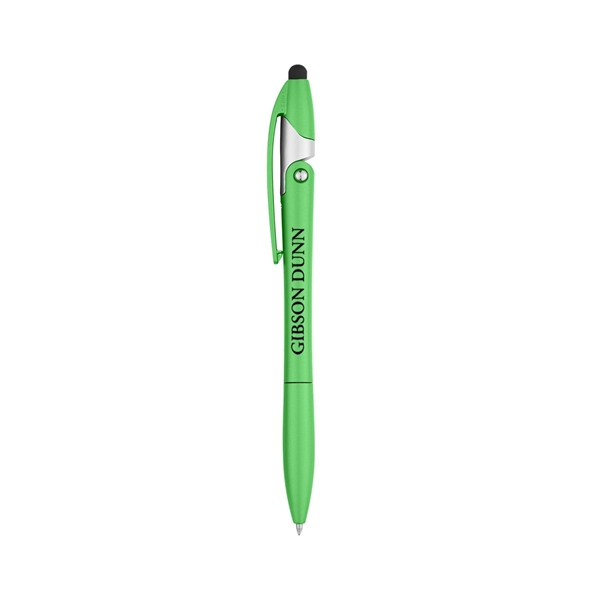 aerial view a metallic lime green yoga stylus pen and phone stand, image 2 of 3