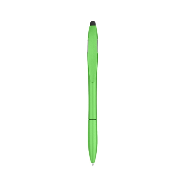 aerial view a metallic lime green yoga stylus pen and phone stand, image 3 of 3