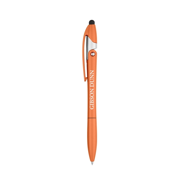 aerial view a metallic orange yoga stylus pen and phone stand, image 2 of 3