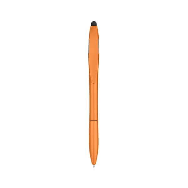 aerial view a metallic orange yoga stylus pen and phone stand, image 3 of 3