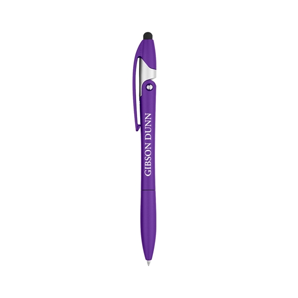 aerial view a metallic purple yoga stylus pen and phone stand, image 2 of 3
