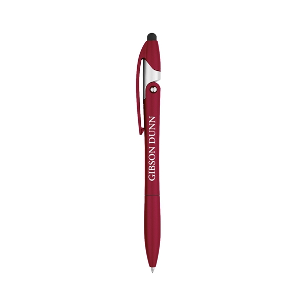 aerial view a metallic red yoga stylus pen and phone stand, image 2 of 3