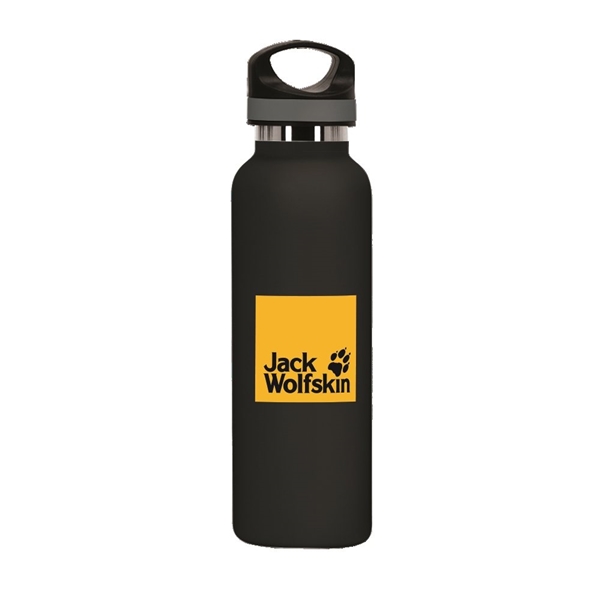 aerial view a black 20 oz basecamp tundra bottle with screw top lid, image 5 of 9