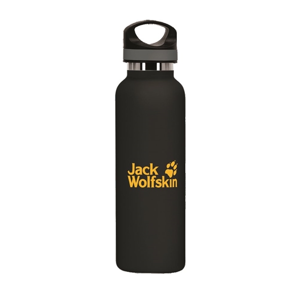 aerial view a black 20 oz basecamp tundra bottle with screw top lid, image 6 of 9
