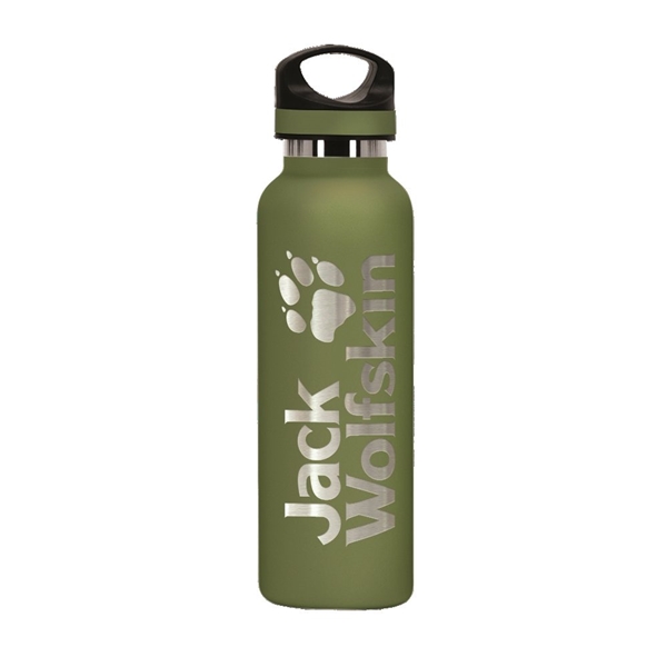 aerial view a olive green 20 oz basecamp tundra bottle with screw top lid, image 6 of 8