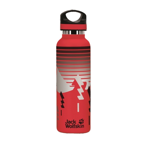 aerial view a red 20 oz basecamp tundra bottle with screw top lid, image 5 of 9