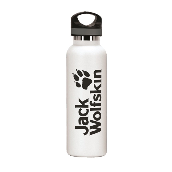 aerial view a white 20 oz basecamp tundra bottle with screw top lid, image 6 of 9