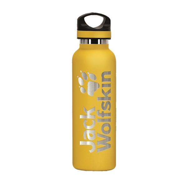 aerial view a yellow 20 oz basecamp tundra bottle with screw top lid, image 6 of 9